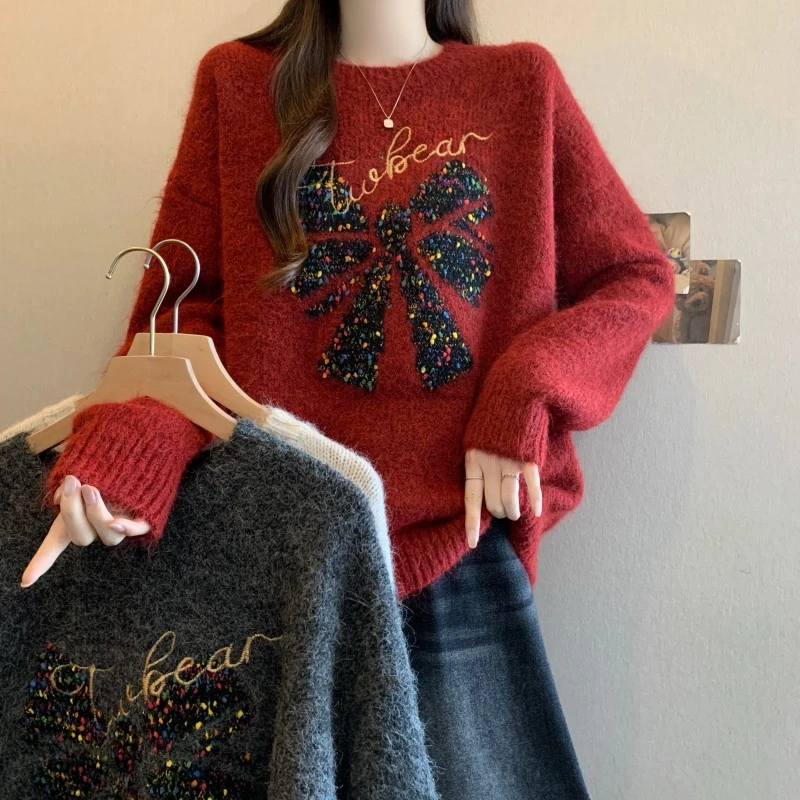 胖秋冬新款大码提花字母绣花圣诞蝴蝶结长袖套头女士针织毛衣