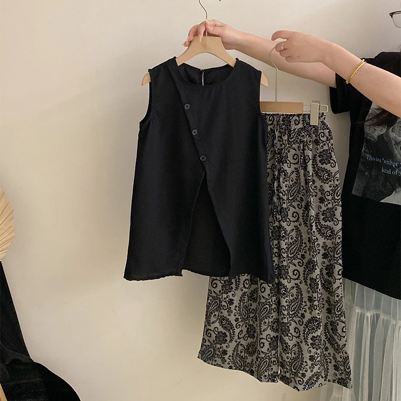 韩版女童夏季无袖套装设计感显瘦气质上衣休闲宽松阔腿裤两件套