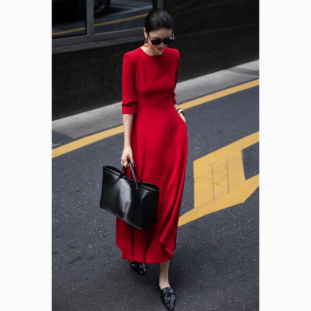 ZEROYK秋季新款气质名媛高级感红色一片式收腰显瘦圆领七分袖长裙