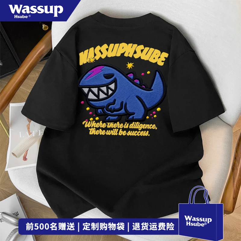 WASSUP HSUBE日系卡通蓝色小恐龙印花短袖T恤男夏季休闲半袖上衣