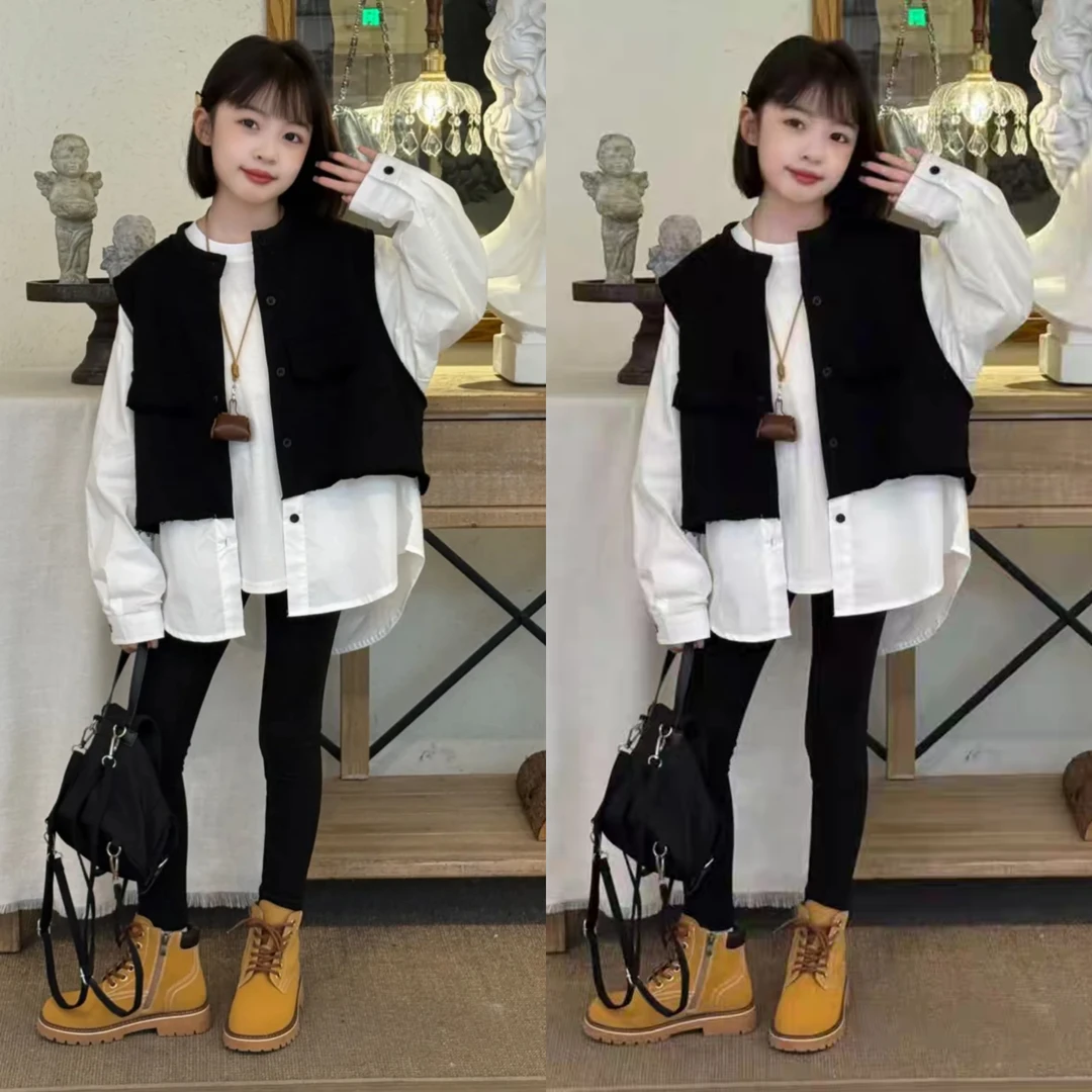 女童2025春秋新款高级感甜酷时尚宽松百搭假两件马甲衬衣三件套潮