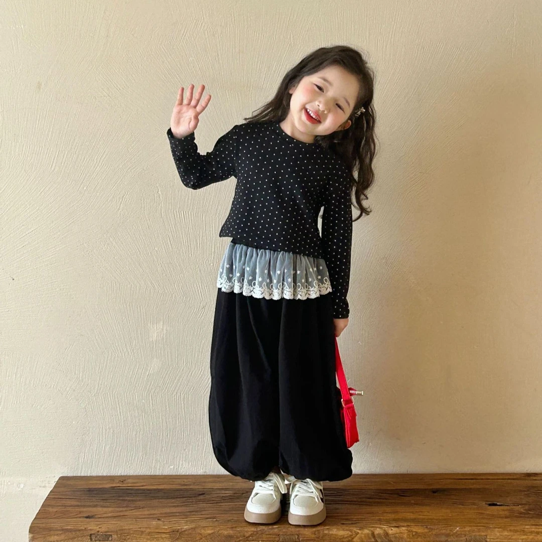 2025春季新款童装韩版童装套装女童春季短款芭蕾风点子T恤长袖T恤