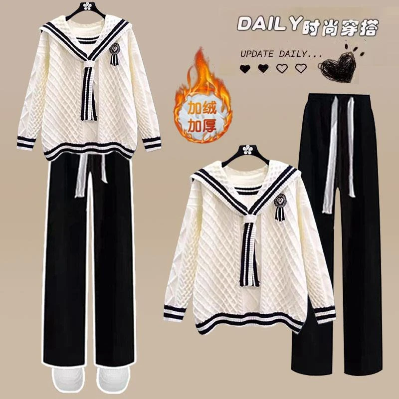 俩件套海军领学院风毛衣女新款巨好看甜美温柔针织衫显瘦遮肉套装