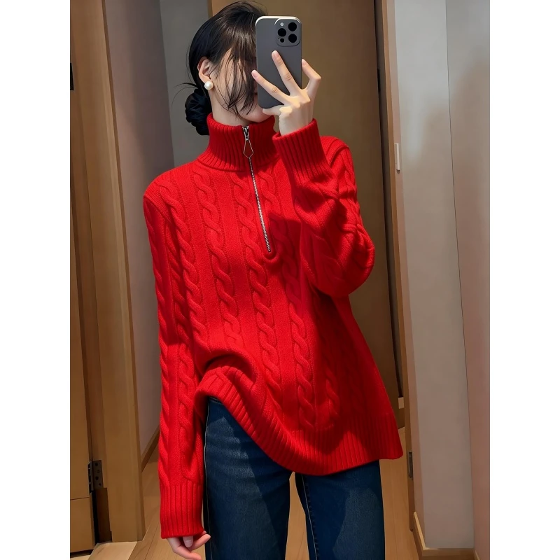 日常通勤潮流百搭气质红色上衣女2025冬套头堆堆领半拉链新年毛衣