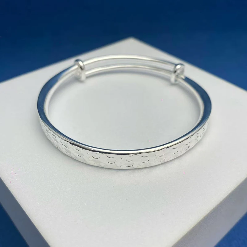 足银手镯 2号 足银999.9 时尚满天星手镯款经典磨砂推拉调节镯子