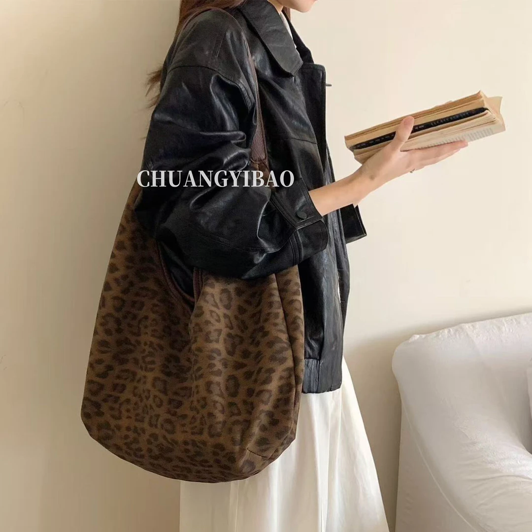 韩系ins豹纹皮质单肩包女2025新款秋冬大容量手拎托特包