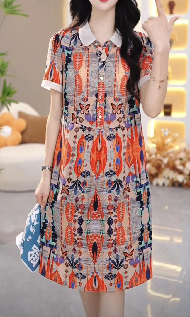 【连衣裙】SJYH1183夏季新款连衣裙中长款气质收腰印花修身连衣裙