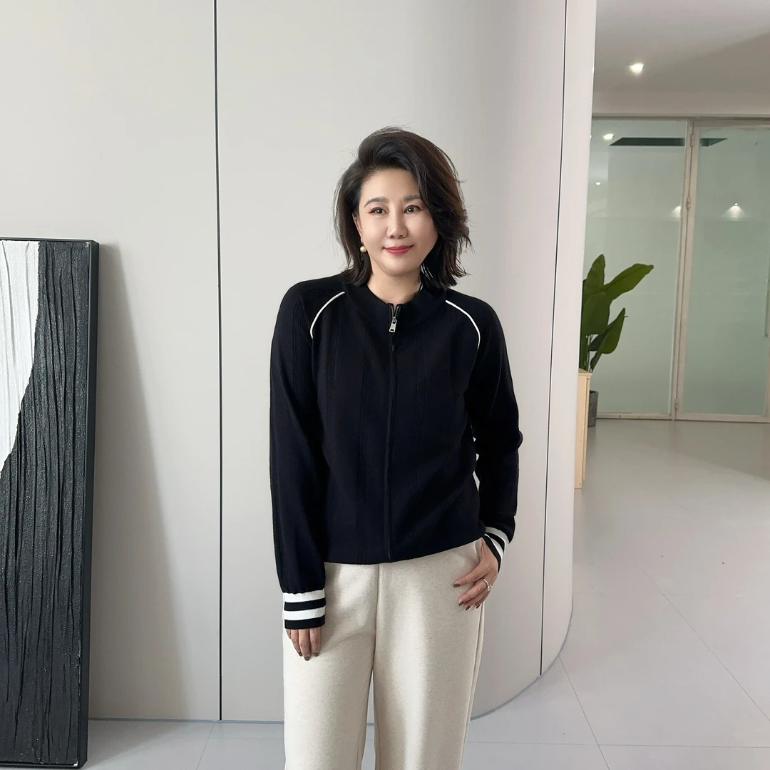 微胖女装【】针织衫外套拉链开衫休闲减龄学院风半高领撞色70157