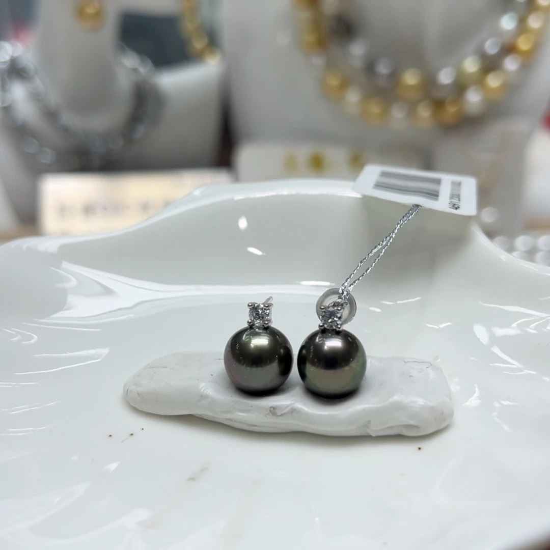 银S925镶嵌海水珍珠上新大溪地王妃耳钉9-10mm