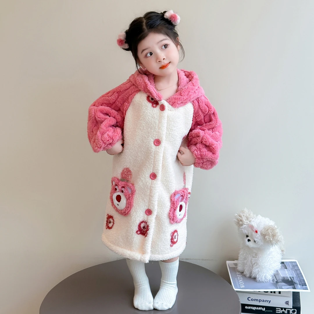 儿童睡袍珊瑚绒宝宝可穿式浴巾连帽睡衣女孩秋冬款法兰绒女童浴袍