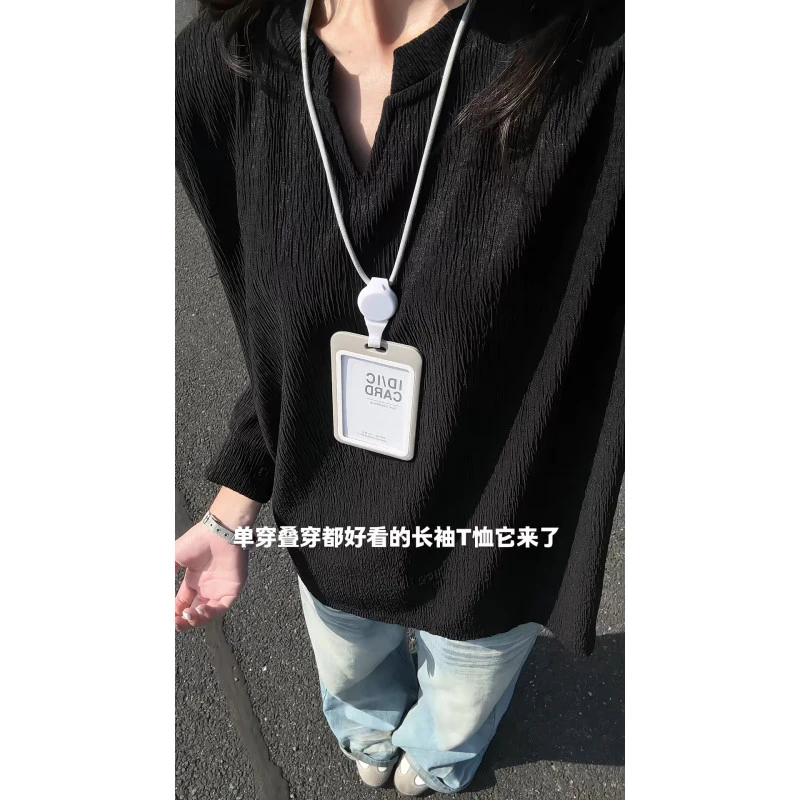 褶皱肌理感v领长袖t恤男秋季潮牌美式上衣服高级感痞帅内搭打底衫