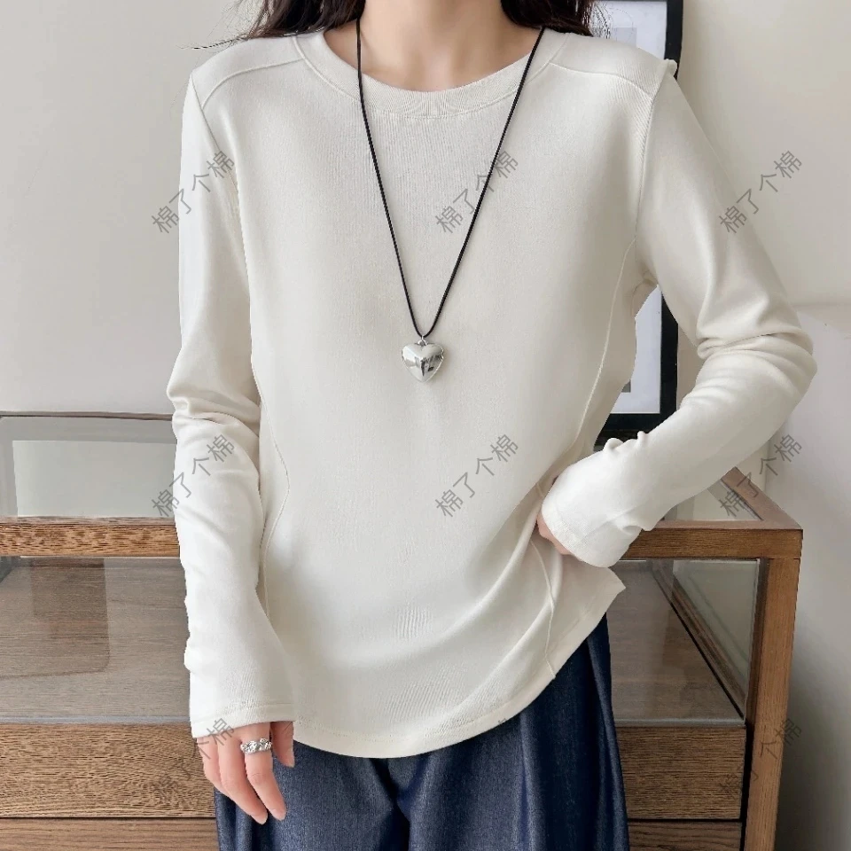 欧货正肩圆领修身鱼骨显瘦春秋女内搭磨毛长袖白色T恤上衣