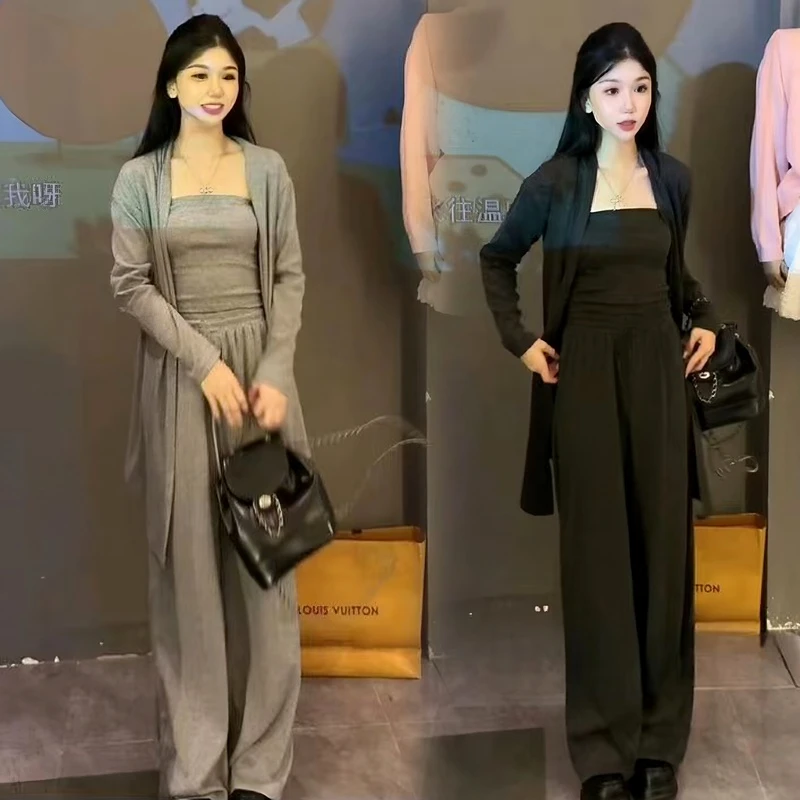 韩系糯米三件套开衫慵懒风新款阔腿裤时尚吊带休闲套装