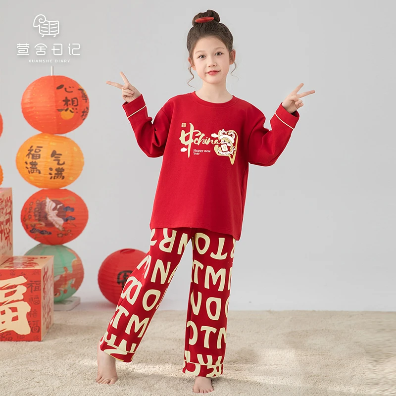 女童睡衣新年大红色长袖纯棉中大童女孩喜庆儿童家居服套装31350
