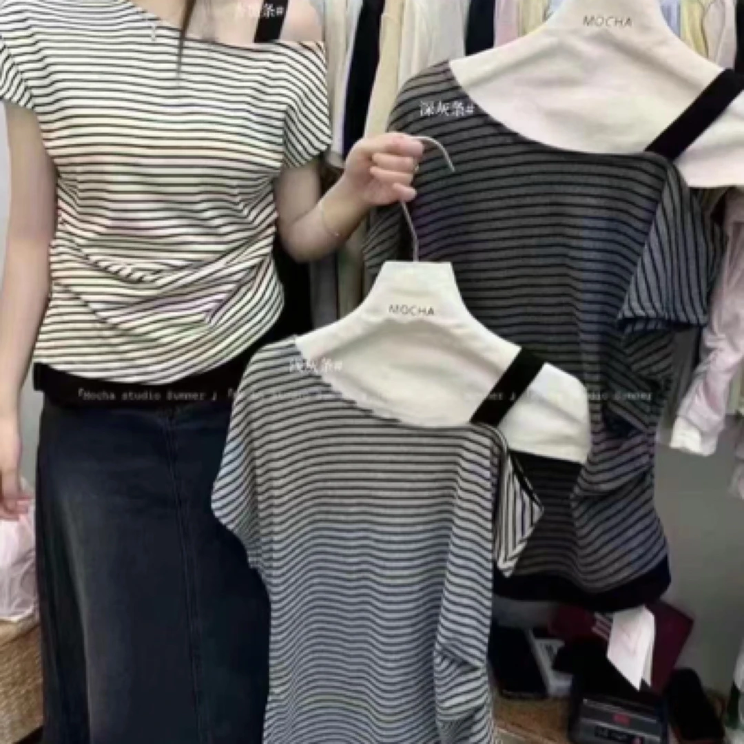 【原色店女装】斜肩挂肩带纯色条纹褶皱开衩通勤T恤