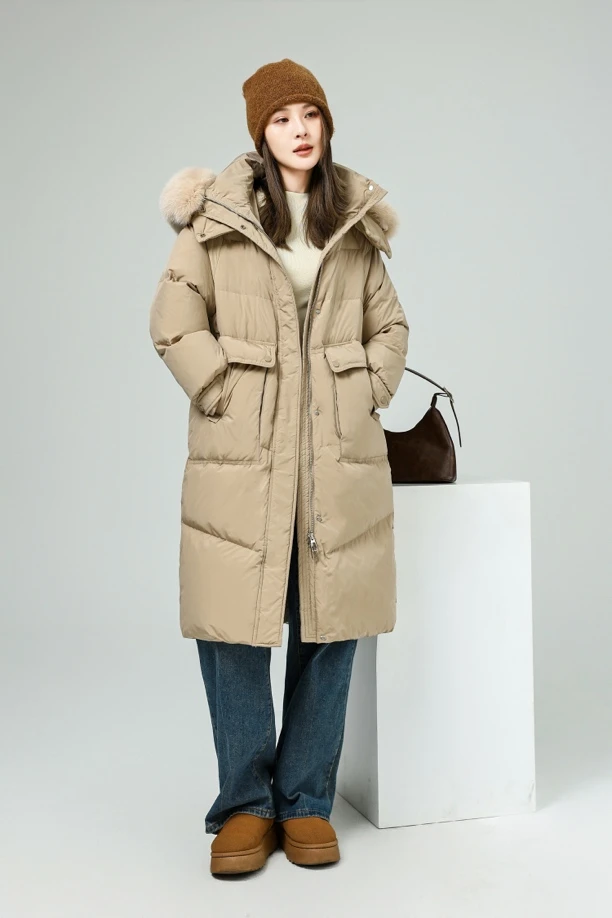 905款长款连帽鸭绒服毛领中长款韩版宽松女装休闲