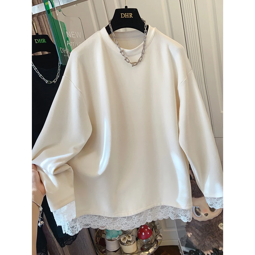 盼可欣240斤大码气质蕾丝花边德绒长袖T恤女秋冬装宽松假两件上衣