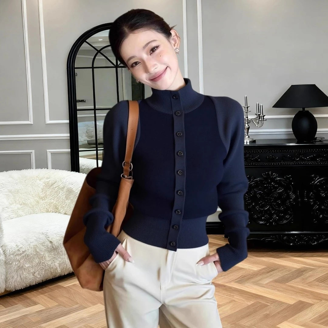 复古撞色高领毛衣春秋季网红小众炸街高级感女装针织开衫长袖上衣