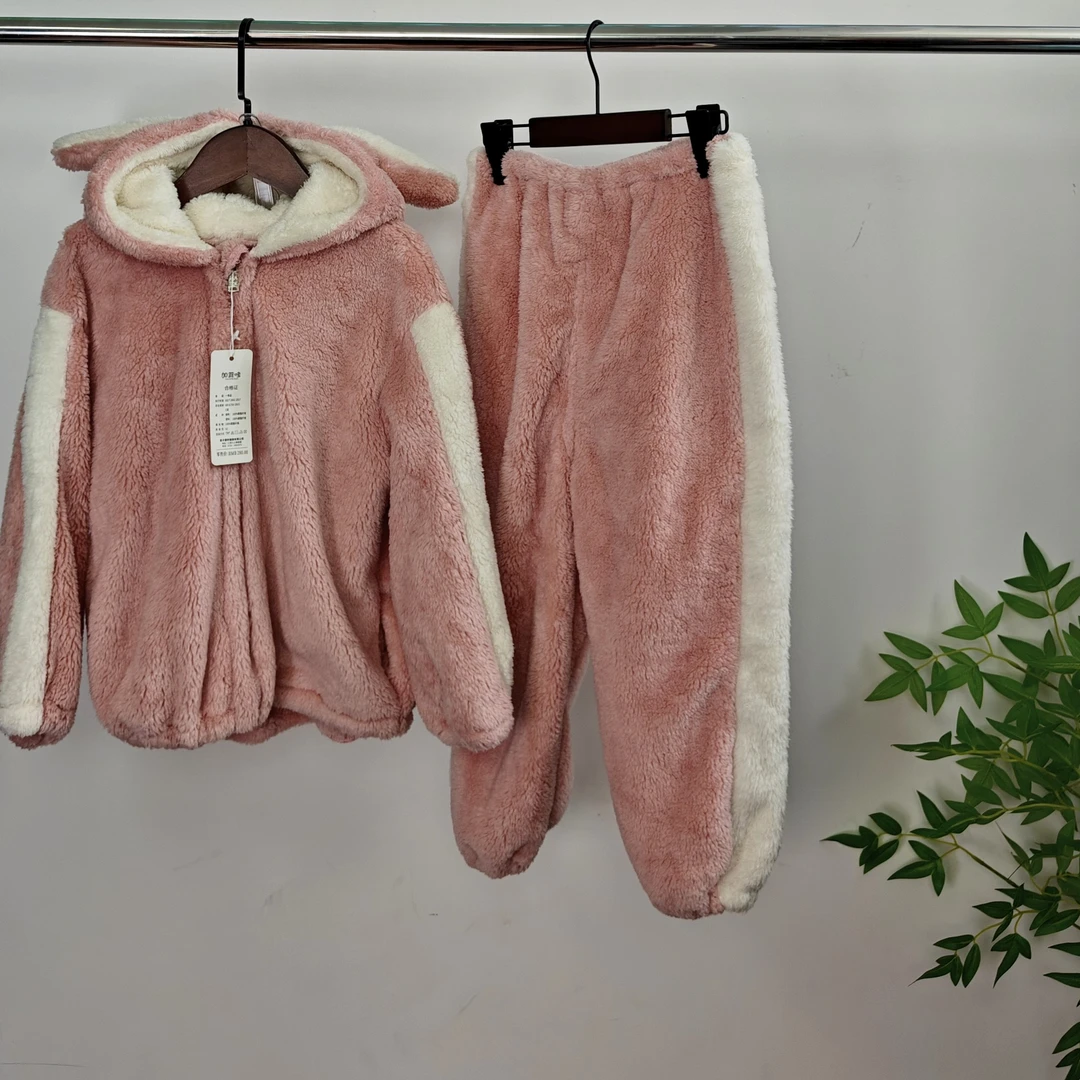 【儿童家居服套装】秋冬款粉色兔子耳朵珊瑚绒保暖家居服套装