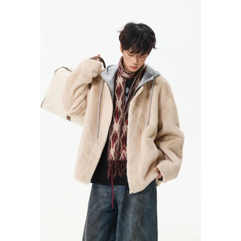 美式潮牌假两件仿水貂毛外套男冬季青少年学院风皮毛一体棉衣棉服