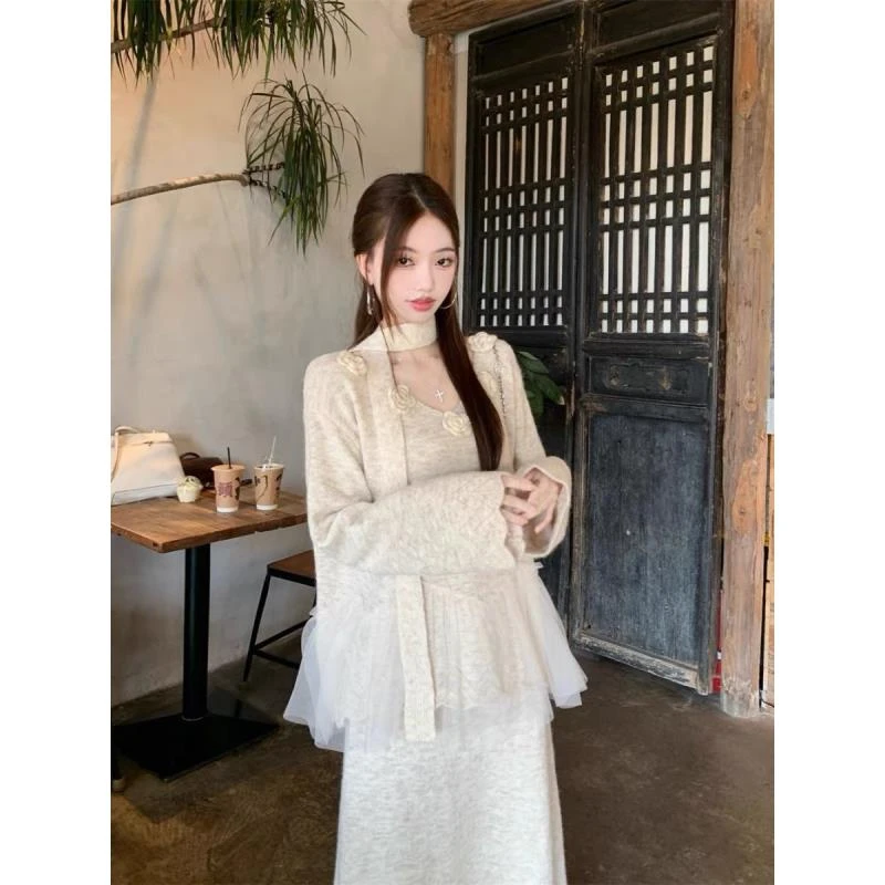 连衣裙裙子套装上衣蕾丝显瘦气质法式开衫长袖时尚夏季镂空收腰