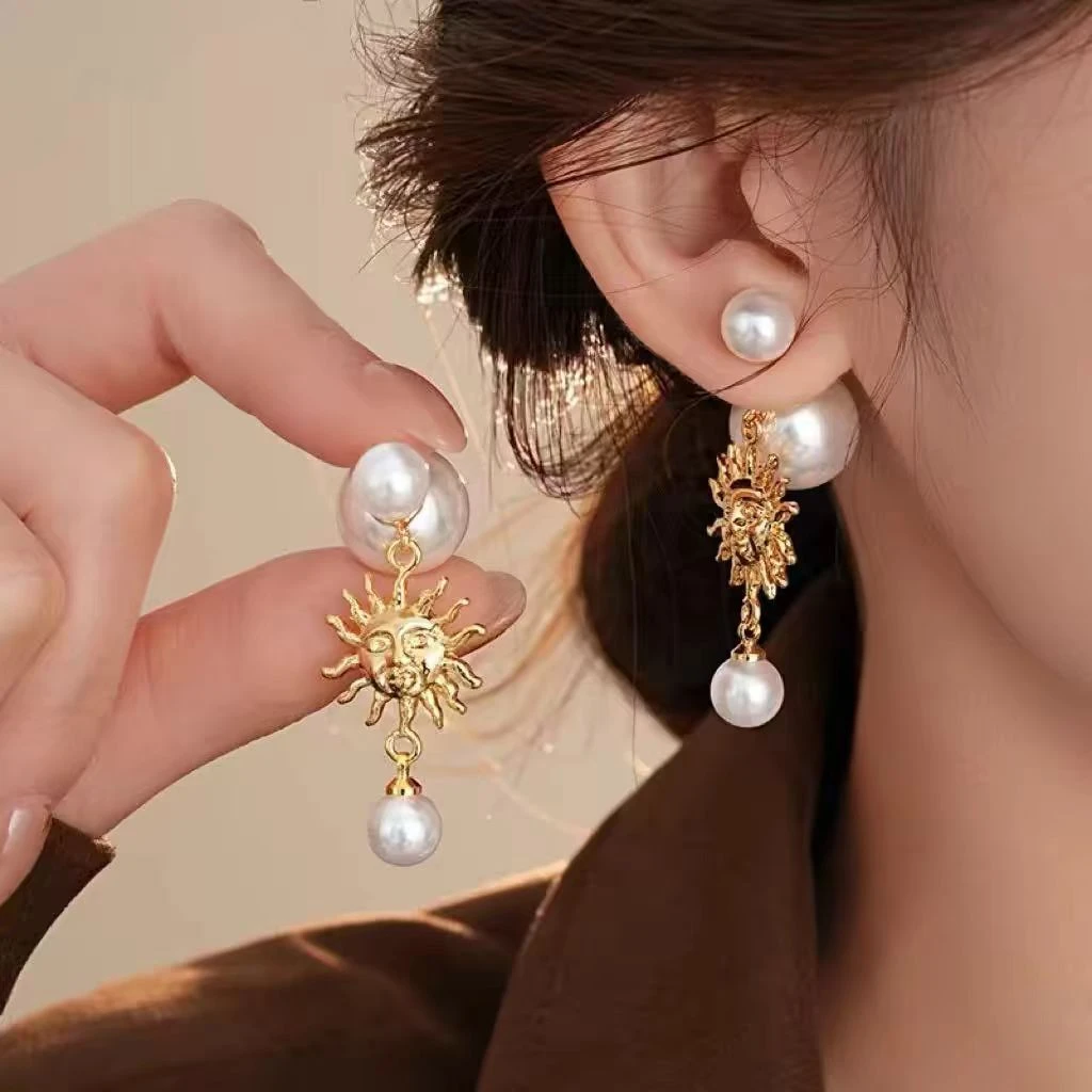 韦雪同款金色太阳花气质前后式珠珠耳环女小众轻奢耳钉两戴耳饰