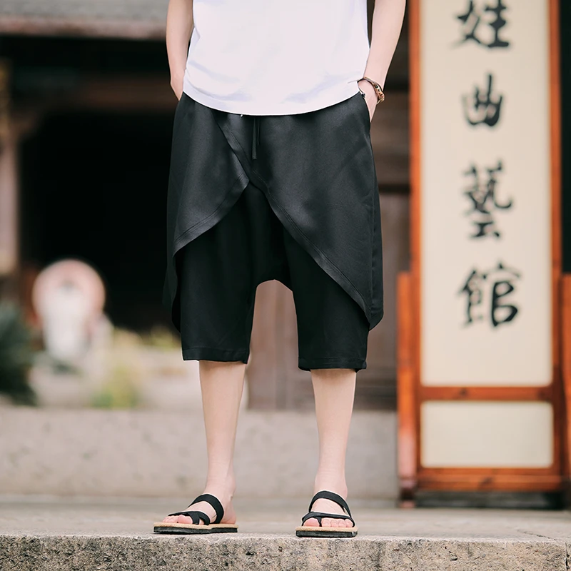 七分裤男夏季短裤哈伦裤个性假二件休闲裤宽松大码垮裤国风阔腿裤