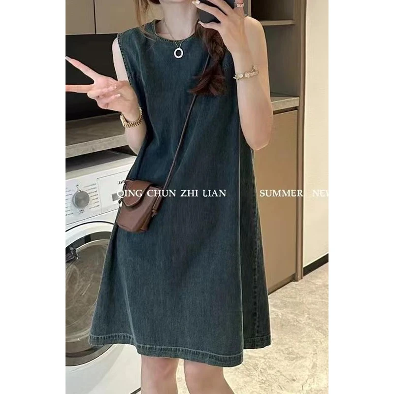 复古无袖牛仔连衣裙女欧洲站2025夏季新款韩版显瘦背心中长裙