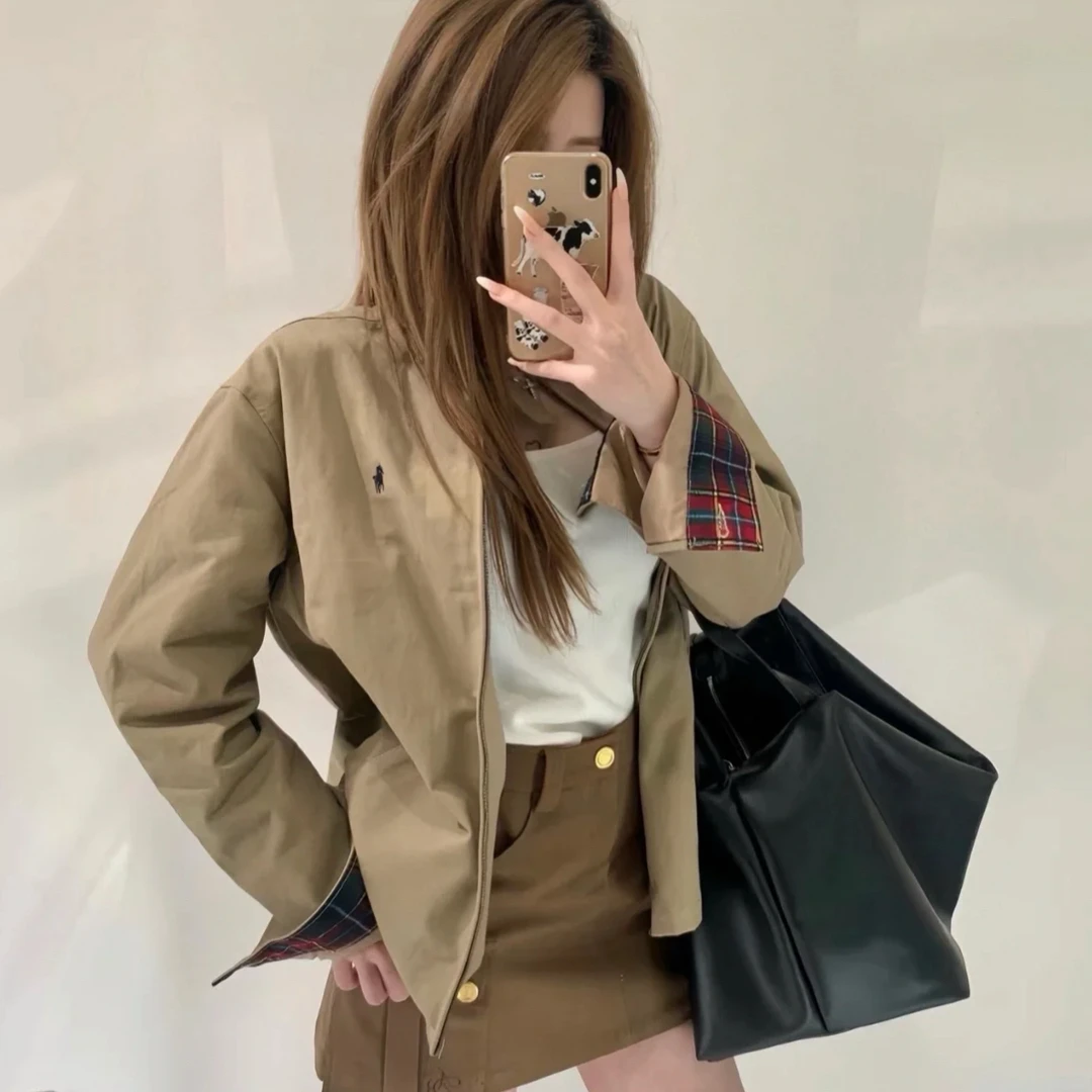 秋冬翻领复古宽松老钱风夹克上衣小马刺绣男女同款外套休闲百搭