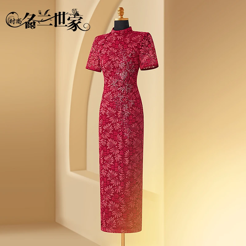 『紫萱』名兰世家旗袍连衣裙夏季新中式斜襟蕾丝婚礼服裙MQZ09B9620