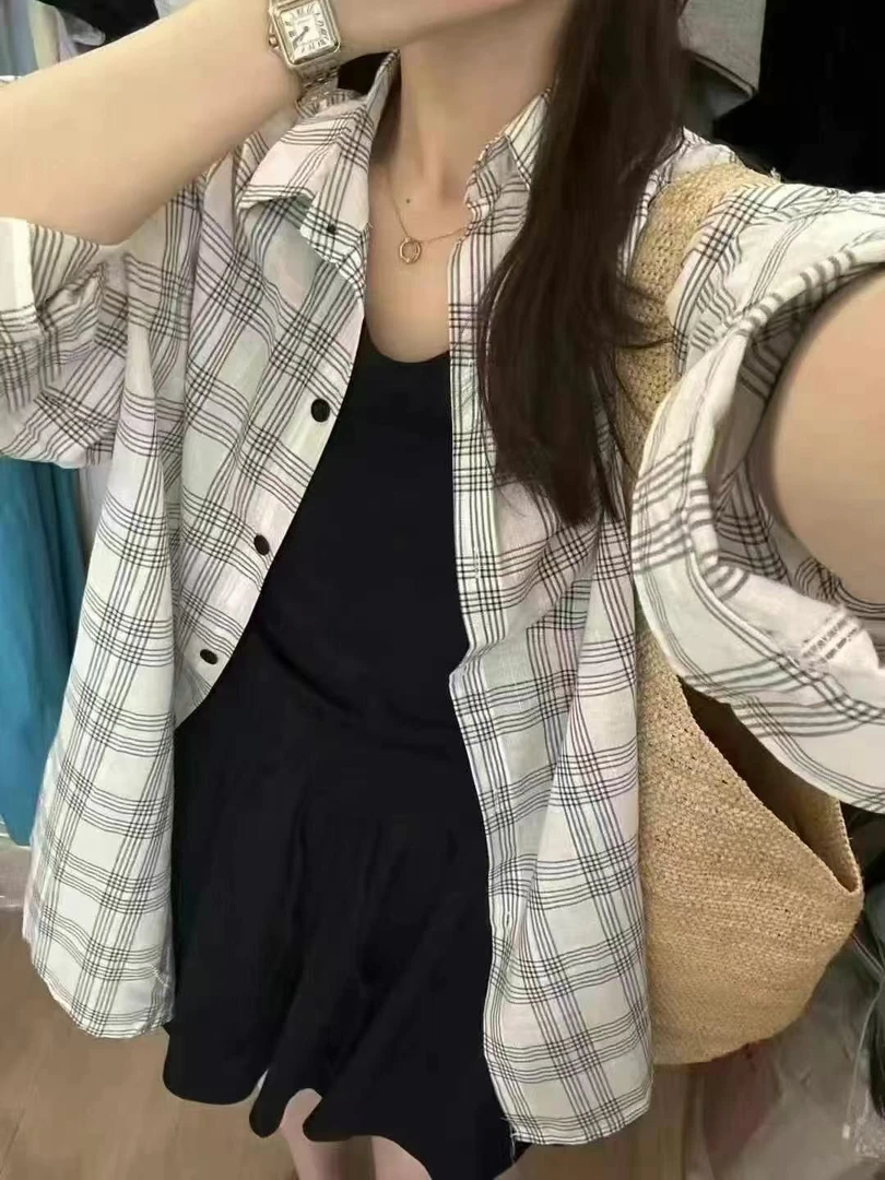 藏蓝色超火三件套休闲长袖格子防晒衬衫+纯棉背心短裤宽松套装