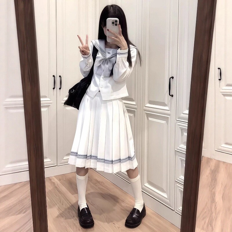 lulu秋冬白色收腰水手服女长袖上衣学院风JK制服套装原创正版