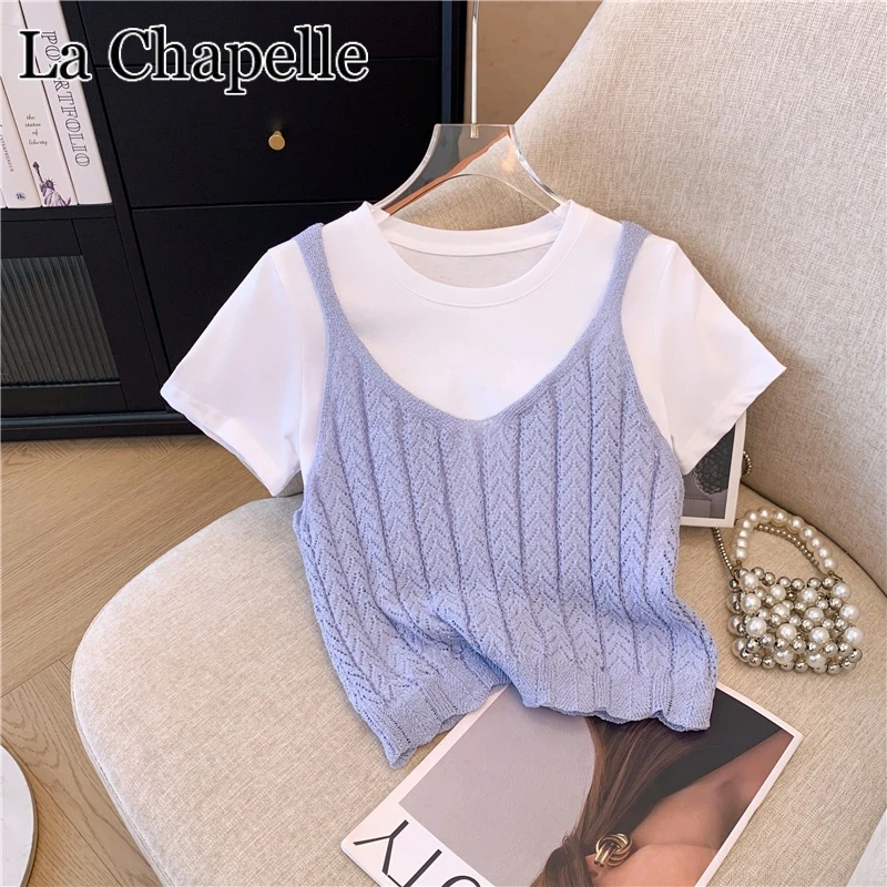 拉夏贝尔新款多巴胺吊带针织短袖两件套夏季时尚百搭减龄显瘦上衣