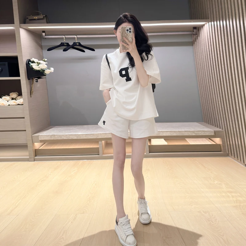 网红洋气白色休闲运动套装减龄宽松显瘦气质简约时尚百搭T恤短裤