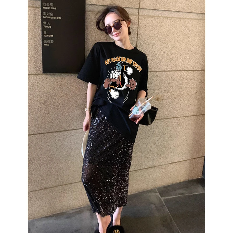 港味ins纯棉短袖t恤韩版休闲宽松大码女装夏唐老鸭卡通上衣情侣装