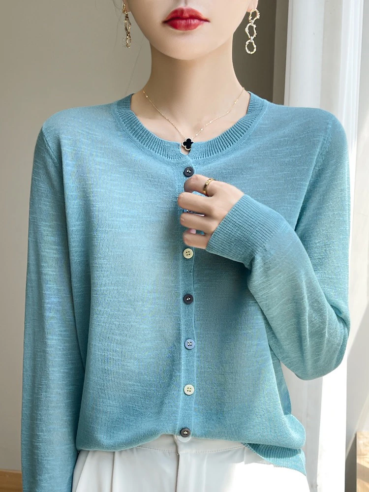 新款竹节棉麻防晒针织衫女薄款长袖上衣夏季宽松外搭针织开衫