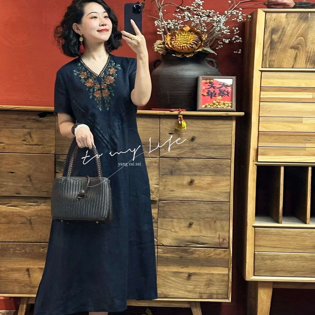 羊在在【珐琅绣春】纯亚麻显瘦连衣裙刺绣旗袍民族风LYQ25YQ1223-1