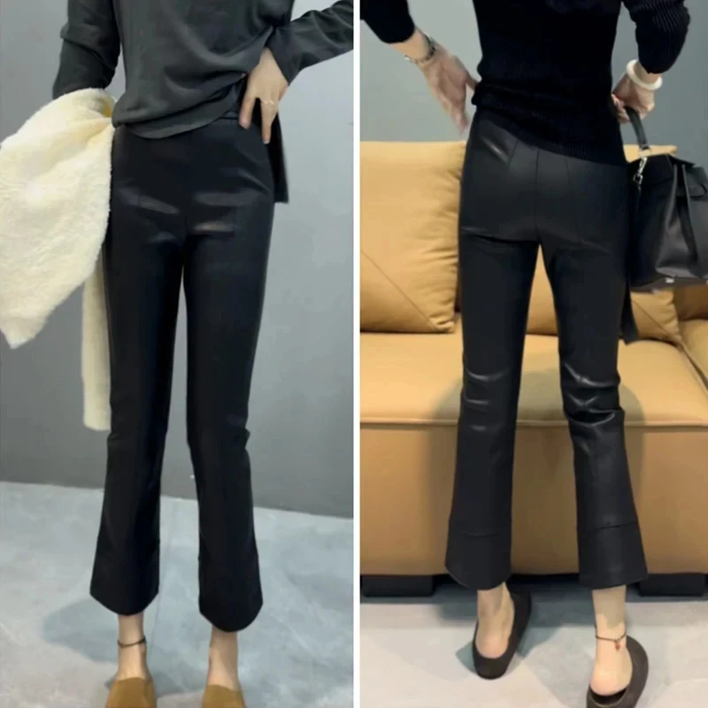 2025冬季新款大码高腰加绒加厚微喇皮裤梨形身材显瘦百搭九分裤