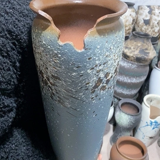 紫砂花盆口18高40，蓝缺，