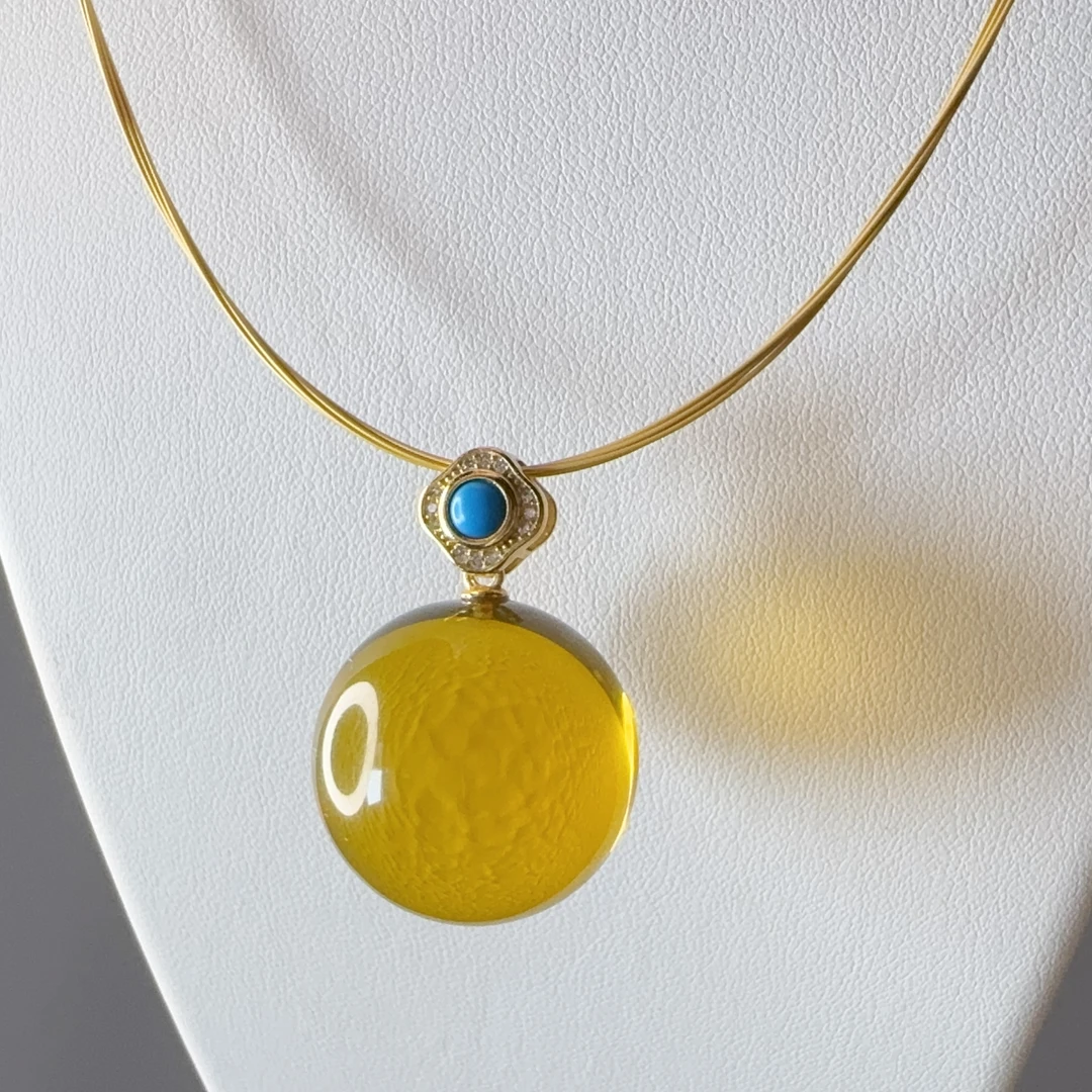 天然墨西哥蓝珀单珠项链22MM+净水锁骨链