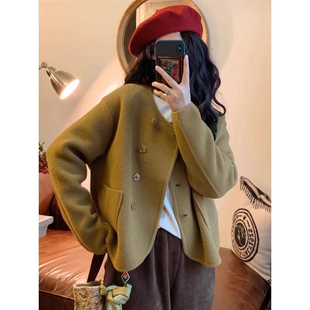 【HS210】小香风双面羊绒大衣女小个子圆领双排扣短款羊毛呢子外套