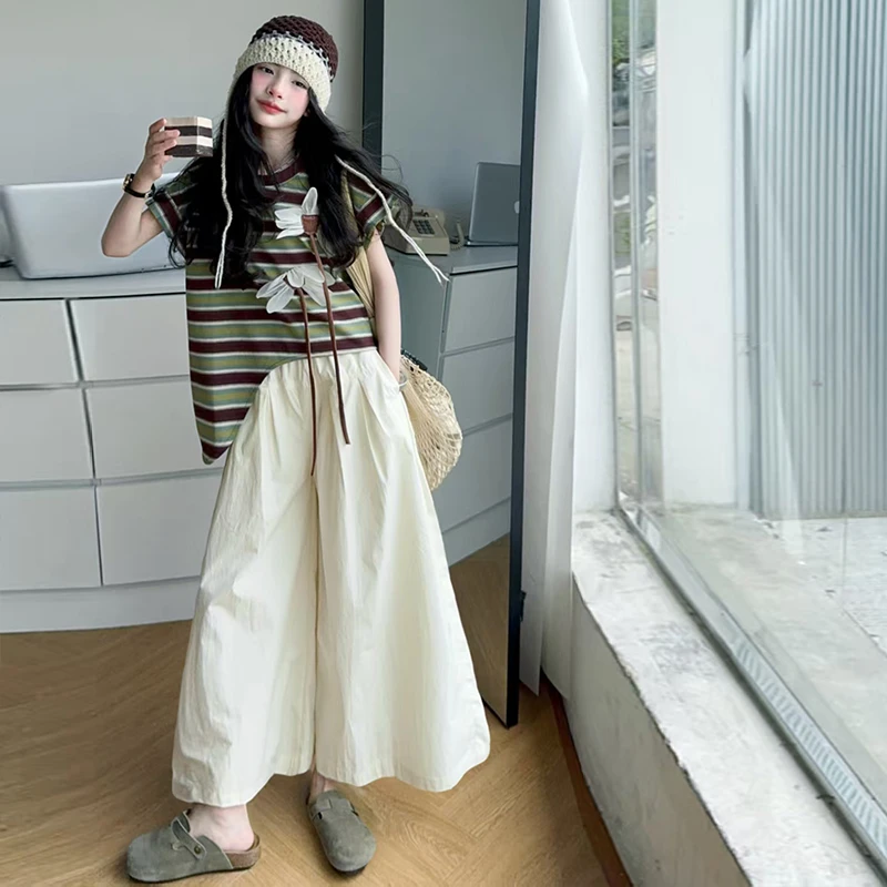 【酷哒仔】女童经典条纹立体花朵两件套装2025夏季中大童女孩子套装