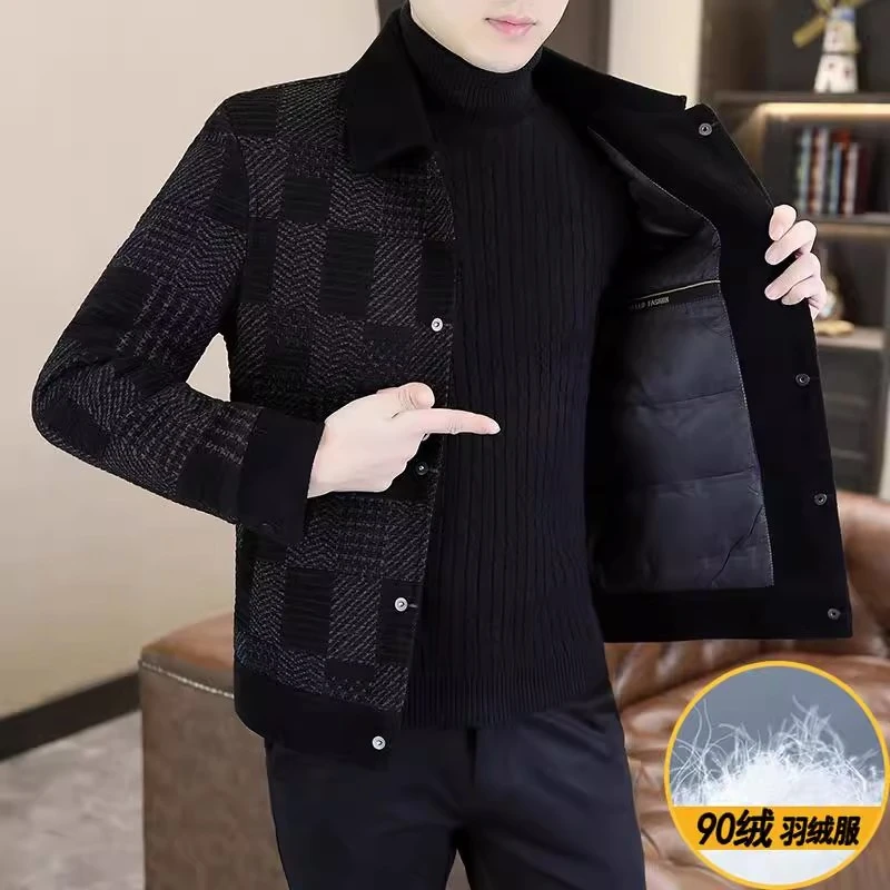CQV男士冬季毛呢夹克高档帅气加厚格子白鸭绒外套短款保暖羽绒服
