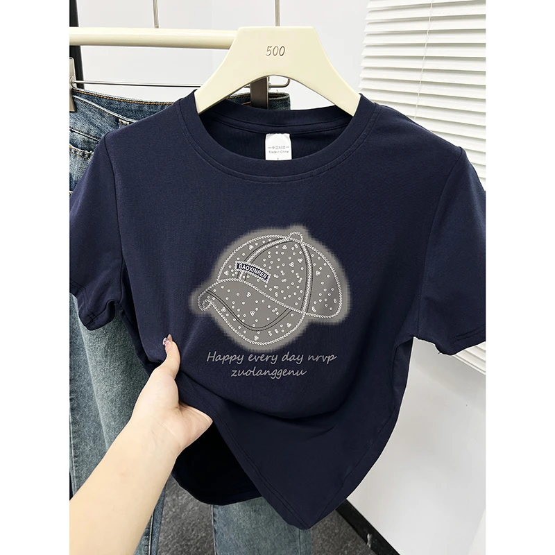 藏蓝色圆领短袖T恤女夏季新款韩版设计感帽子印花显瘦正肩上衣潮