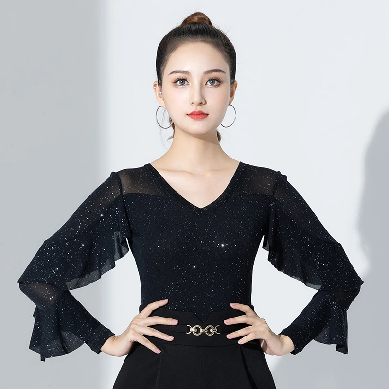 时尚拉丁舞练功服女显瘦舞蹈上衣长袖摩登紫色连体性感交谊舞服装