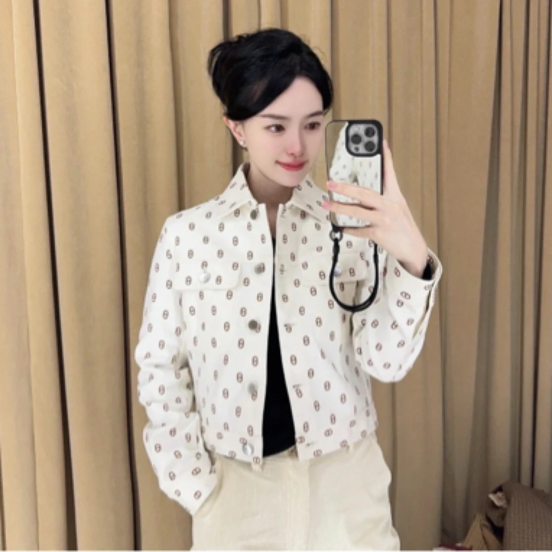 全新未使用 Hermes/爱马仕 白色猪鼻子满印牛仔外套/40码/32177