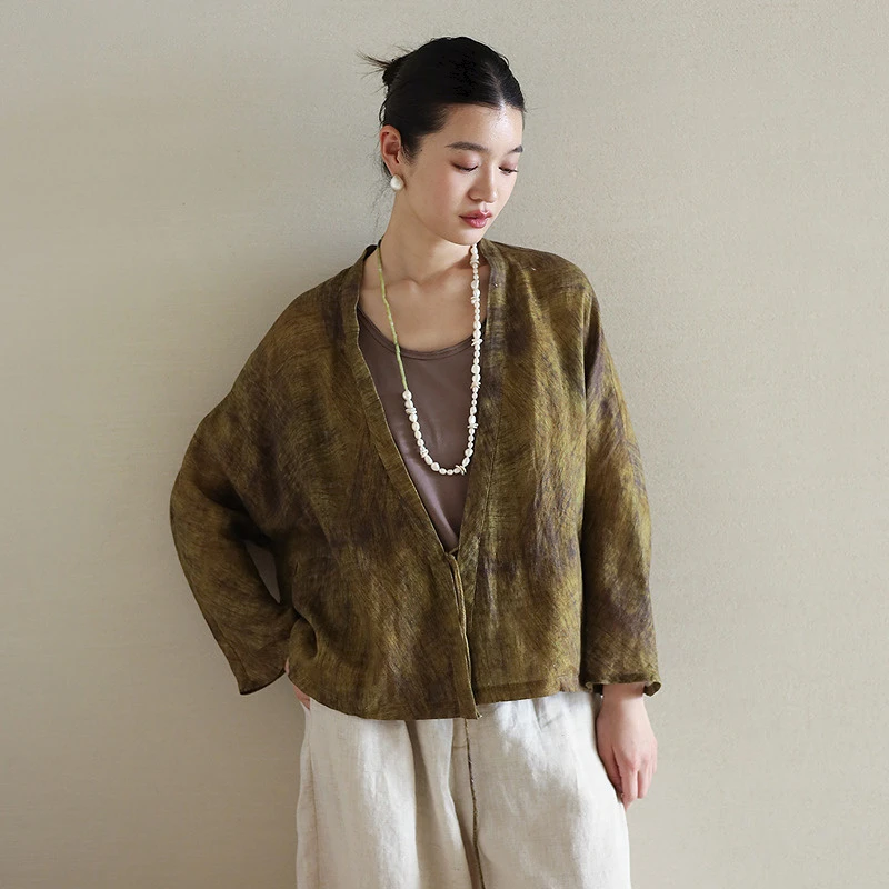 绽放193朵/【宋瓷系列】纯亚麻纹理印花轻薄中式插肩系带短外套