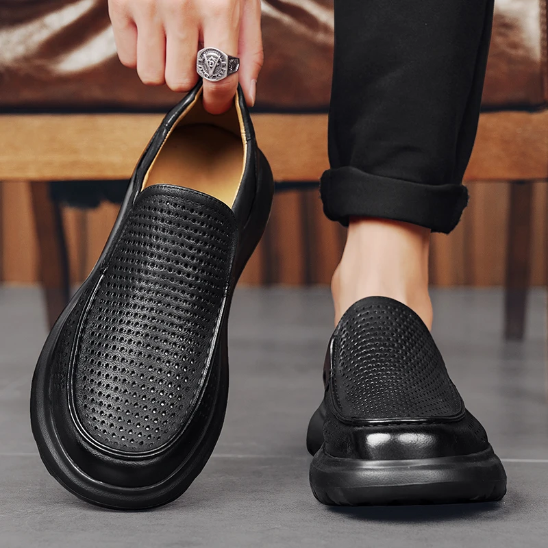 男鞋夏季透气真皮正装英伦风男士休闲皮鞋一脚蹬纯黑色亮皮乐福鞋