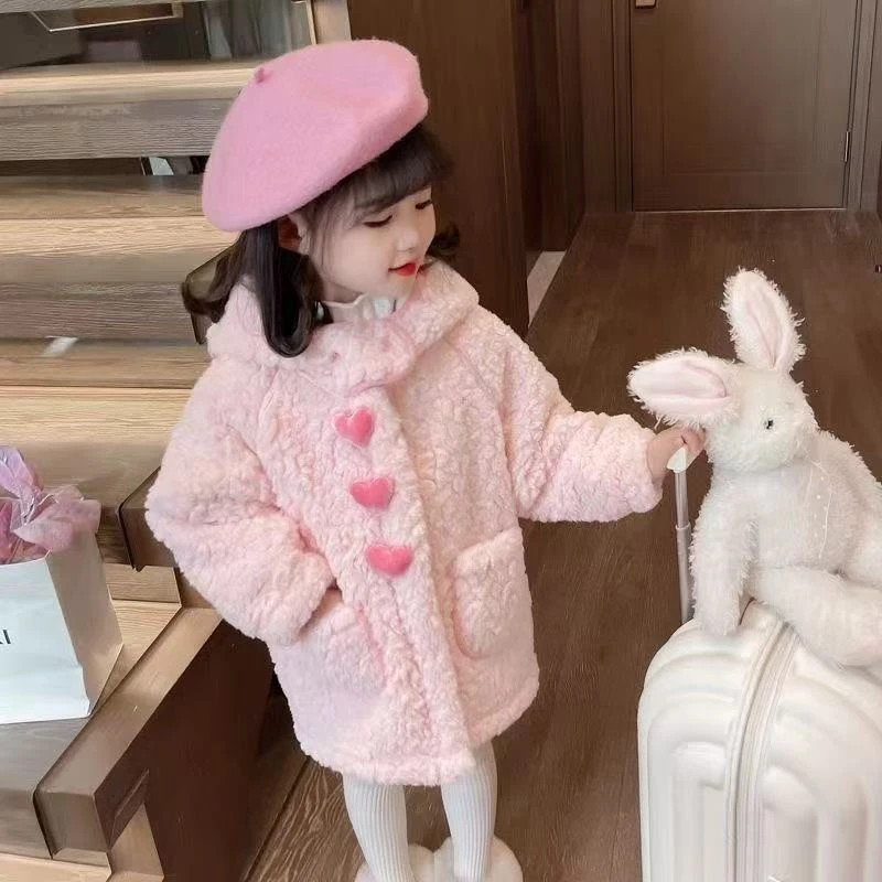 女宝宝秋冬款甜美卡通加绒加厚连帽毛毛衣外套中长款女童洋气上衣