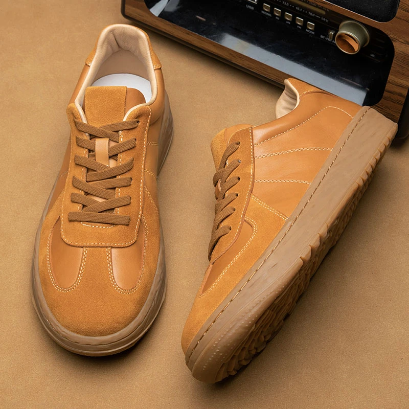 新款真皮通勤经典复古轻便德训板鞋男士休闲鞋子潮流厚底牛皮男鞋